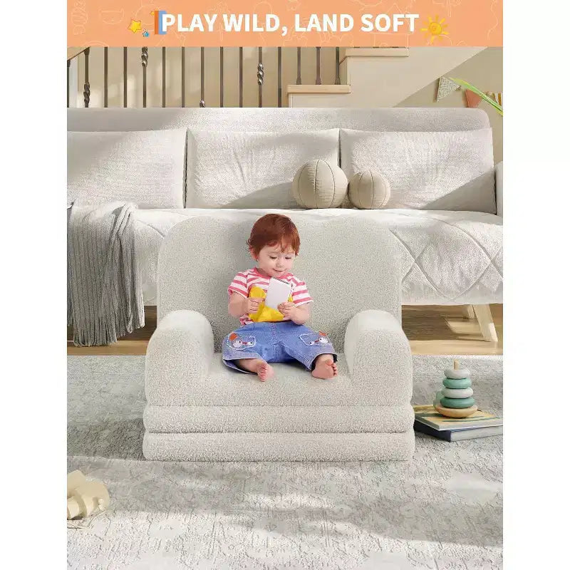 Kids Convertible Sofa Bed with Teddy Fleece Fabric, Foldable Toddler Couch for Playroom
