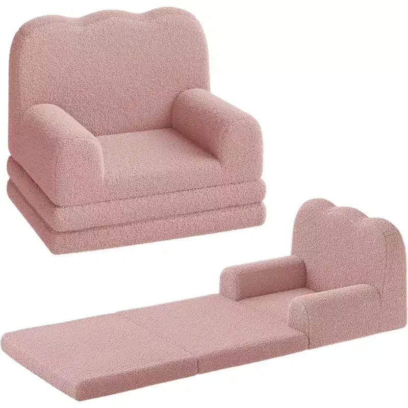 Kids Convertible Sofa Bed with Teddy Fleece Fabric, Foldable Toddler Couch for Playroom