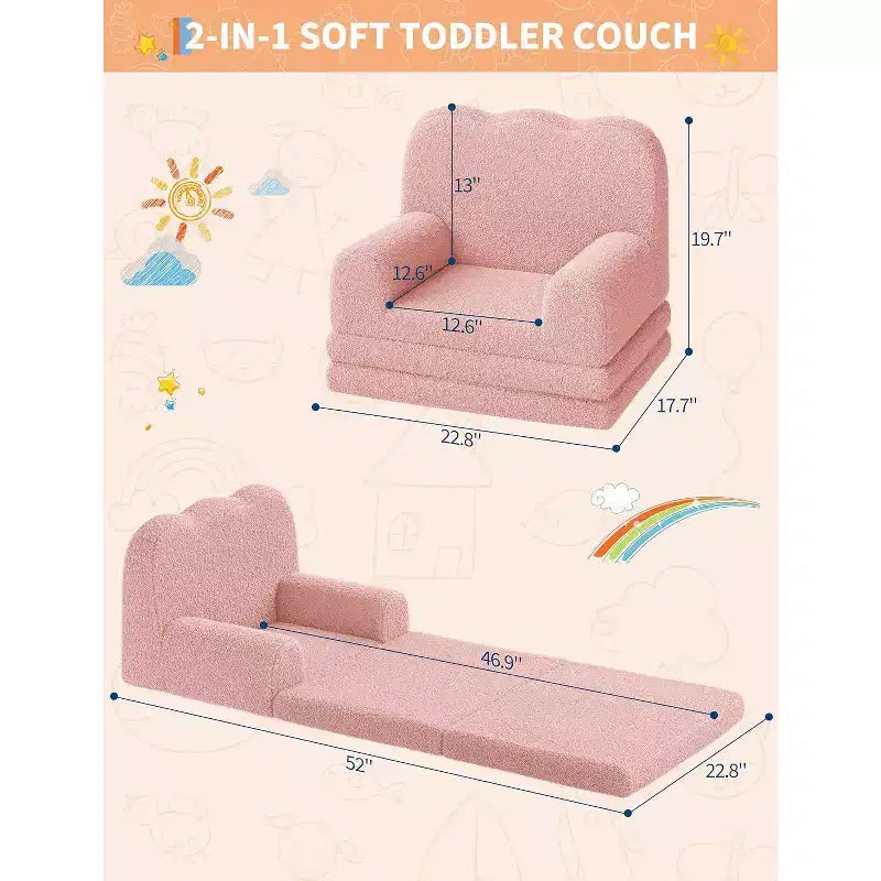 Kids Convertible Sofa Bed with Teddy Fleece Fabric, Foldable Toddler Couch for Playroom