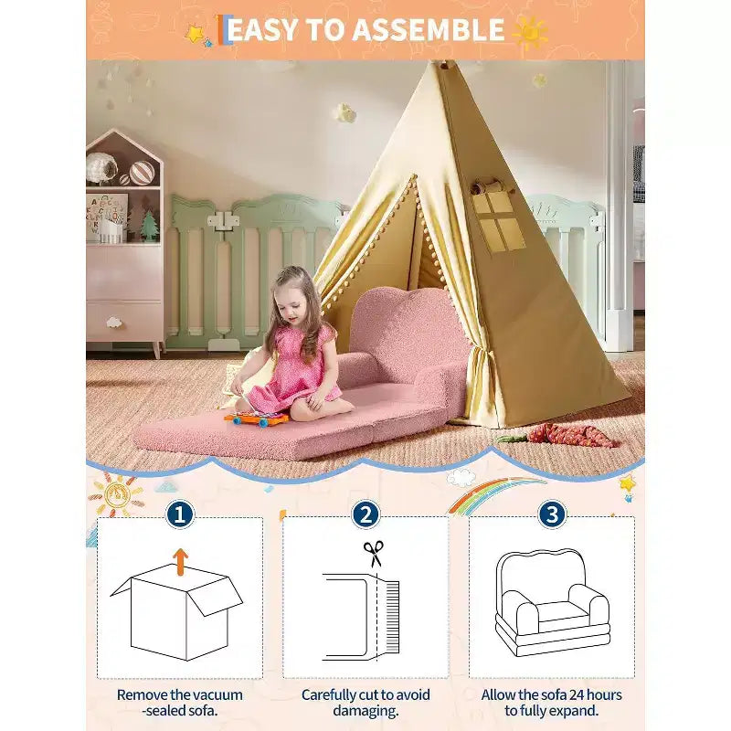 Kids Convertible Sofa Bed with Teddy Fleece Fabric, Foldable Toddler Couch for Playroom