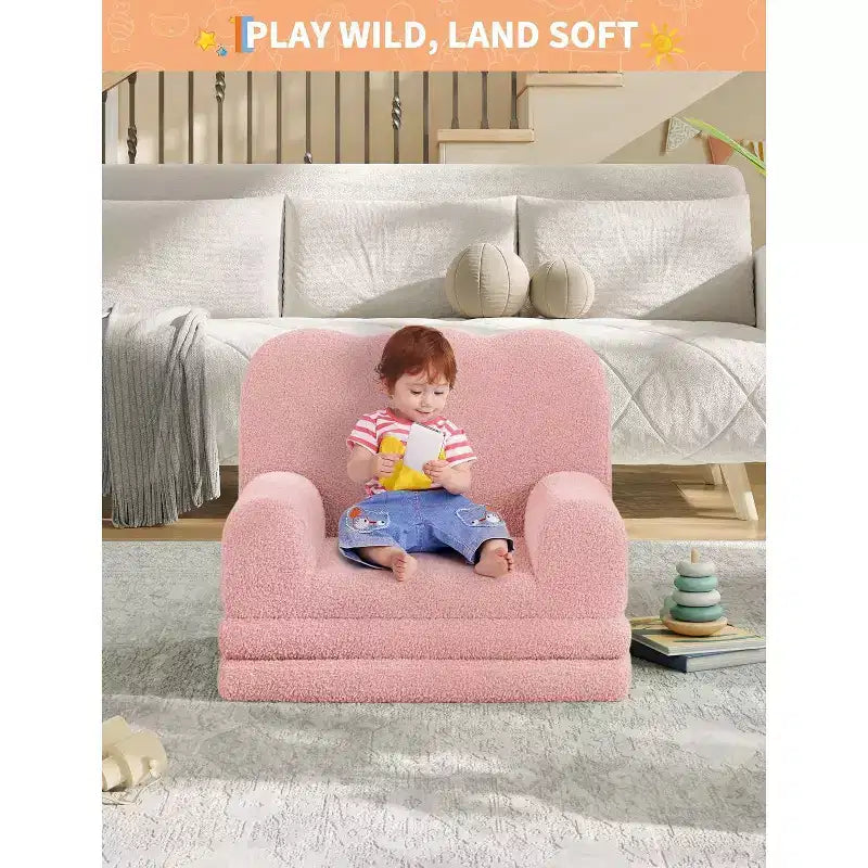 Kids Convertible Sofa Bed with Teddy Fleece Fabric, Foldable Toddler Couch for Playroom