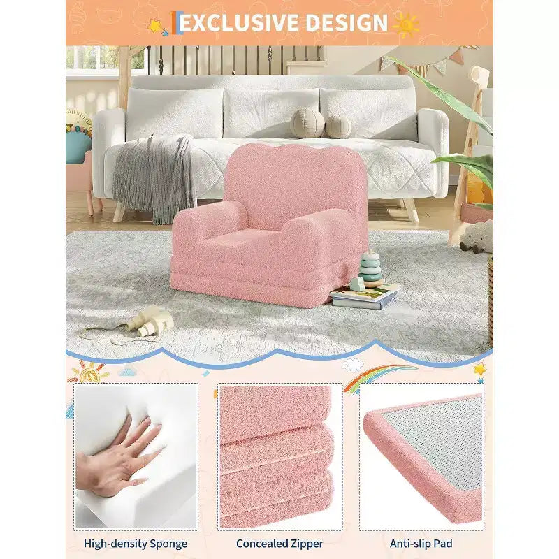 Kids Convertible Sofa Bed with Teddy Fleece Fabric, Foldable Toddler Couch for Playroom