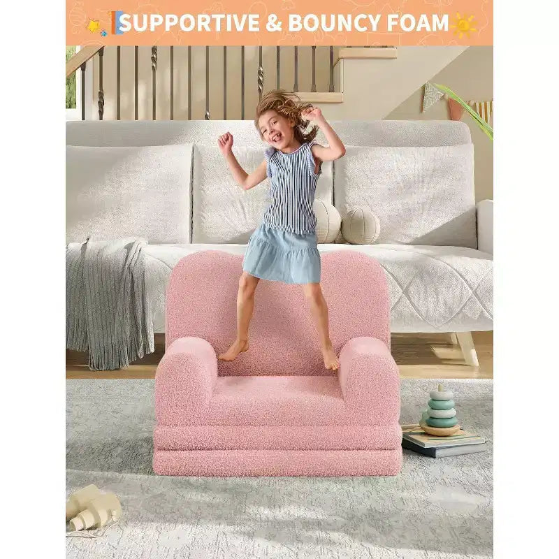 Kids Convertible Sofa Bed with Teddy Fleece Fabric, Foldable Toddler Couch for Playroom