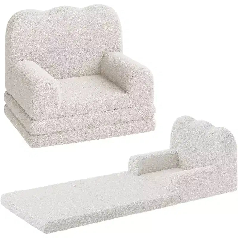 Kids Convertible Sofa Bed with Teddy Fleece Fabric, Foldable Toddler Couch for Playroom