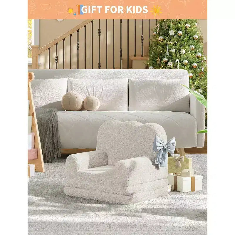 Kids Convertible Sofa Bed with Teddy Fleece Fabric, Foldable Toddler Couch for Playroom