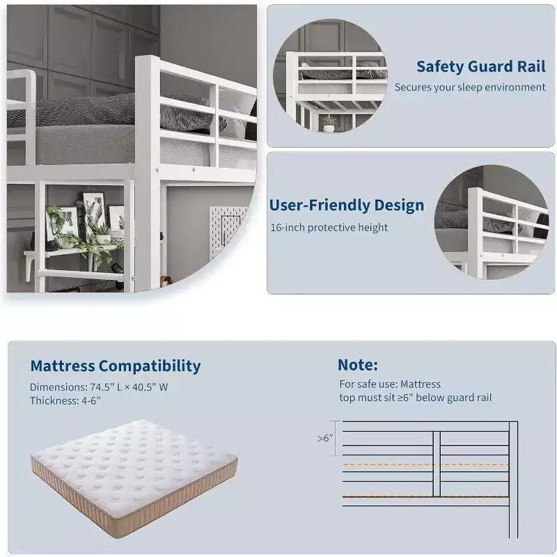 Twin Size Loft Bed with Desk and Storage Shelves, Metal Frame with Ladder and Safety Guardrail