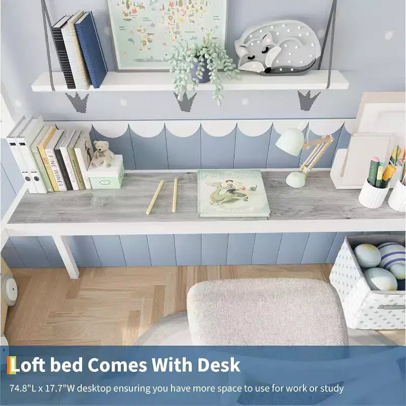 Twin Size Loft Bed with Desk and Storage Shelves, Metal Frame with Ladder and Safety Guardrail