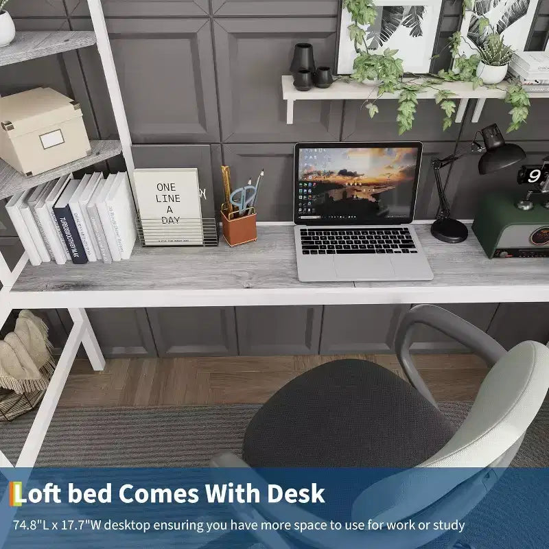Twin Size Loft Bed with Desk and Storage Shelves, Metal Frame with Ladder and Safety Guardrail
