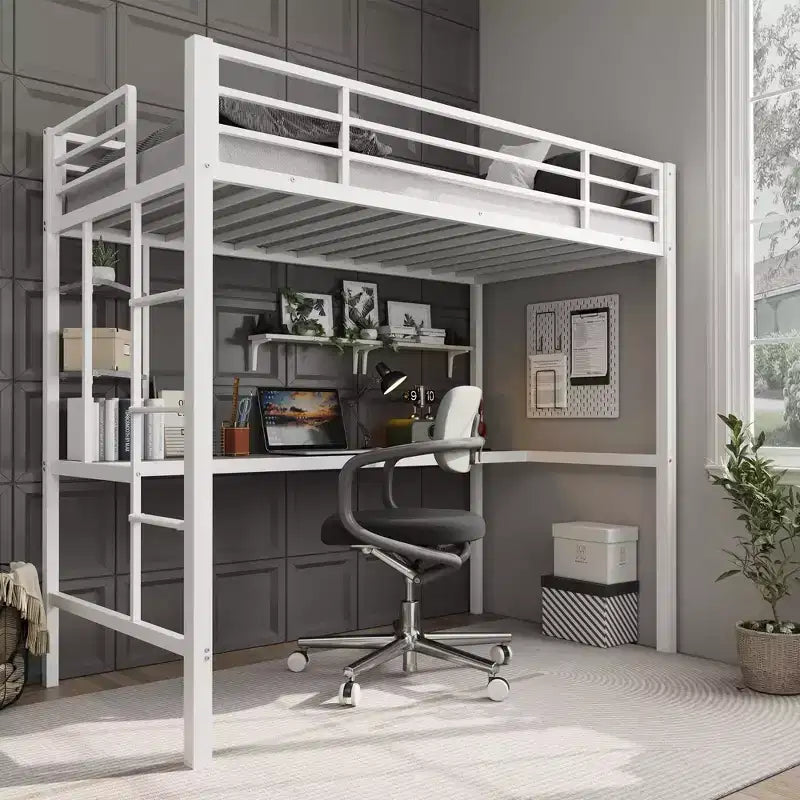 Twin Size Loft Bed with Desk and Storage Shelves, Metal Frame with Ladder and Safety Guardrail