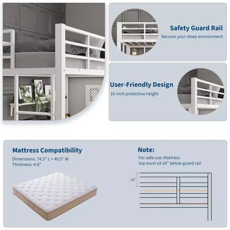 Twin Size Loft Bed with Desk and Storage Shelves, Metal Frame with Ladder and Safety Guardrail