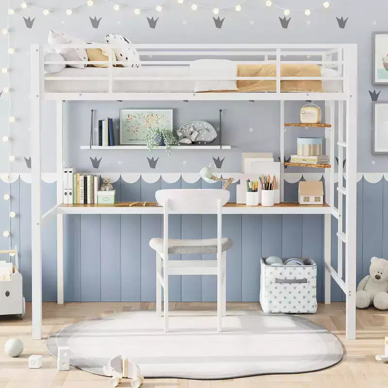 Twin Size Loft Bed with Desk and Storage Shelves, Metal Frame with Ladder and Safety Guardrail