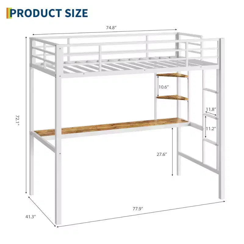 Twin Size Loft Bed with Desk and Storage Shelves, Metal Frame with Ladder and Safety Guardrail