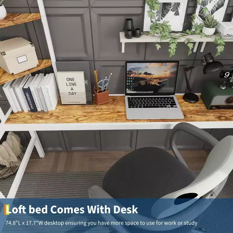 Twin Size Loft Bed with Desk and Storage Shelves, Metal Frame with Ladder and Safety Guardrail