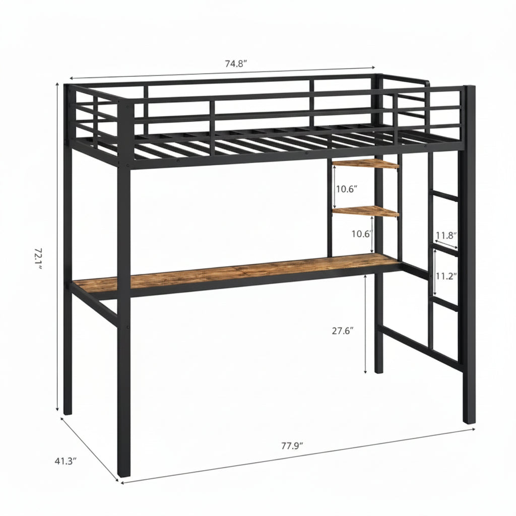 Twin Size Loft Bed with Desk and Storage Shelves, Metal Frame with Ladder and Safety Guardrail