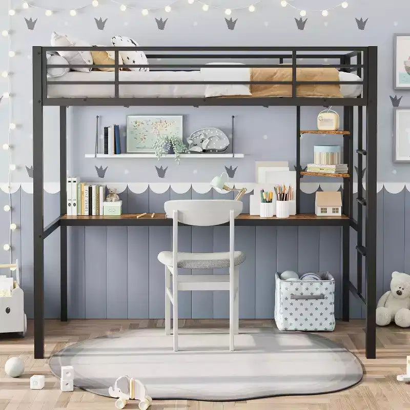 Twin Size Loft Bed with Desk and Storage Shelves, Metal Frame with Ladder and Safety Guardrail