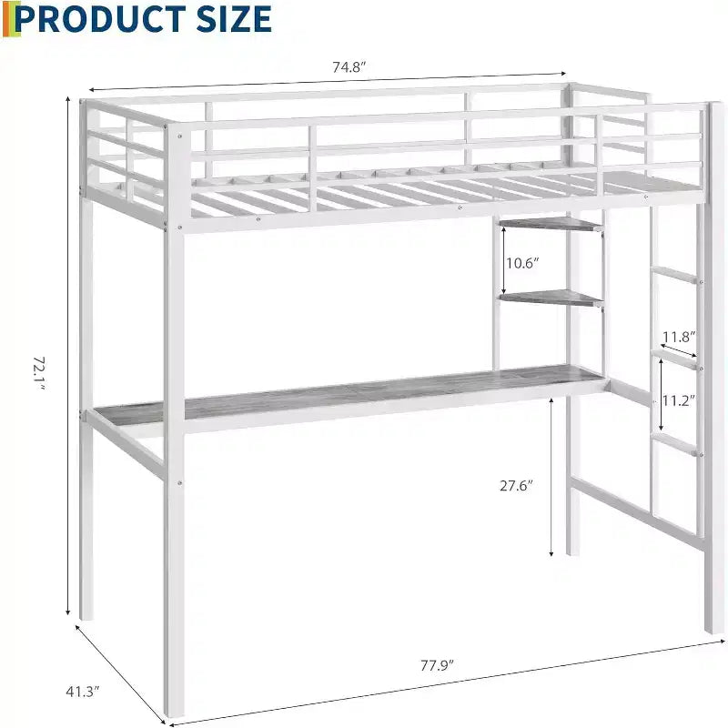 Twin Size Loft Bed with Desk and Storage Shelves, Metal Frame with Ladder and Safety Guardrail