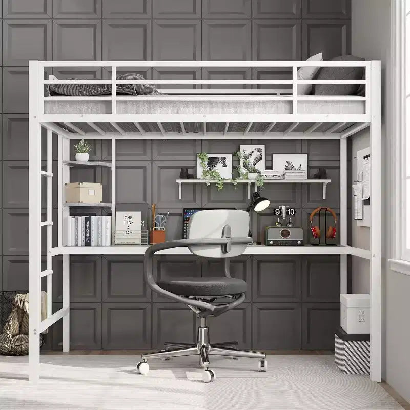 Twin Size Loft Bed with Desk and Storage Shelves, Metal Frame with Ladder and Safety Guardrail