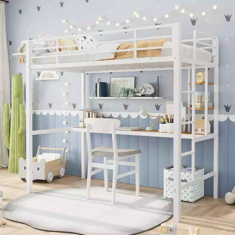 Twin Size Loft Bed with Desk and Storage Shelves, Metal Frame with Ladder and Safety Guardrail