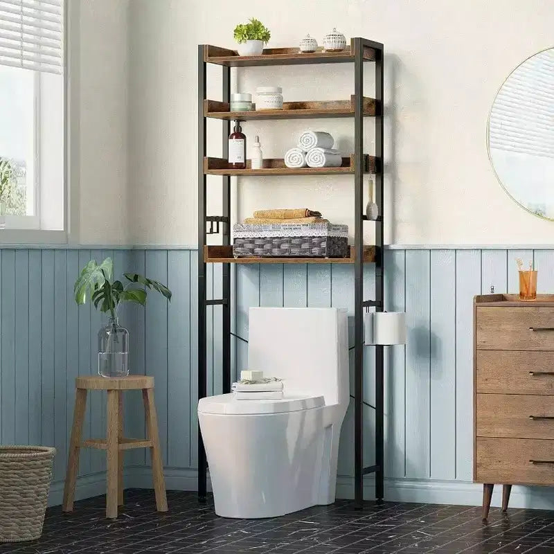 3-Tier Over Toilet Storage Rack with Adjustable Shelves, Rustic Brown Bathroom Organizer