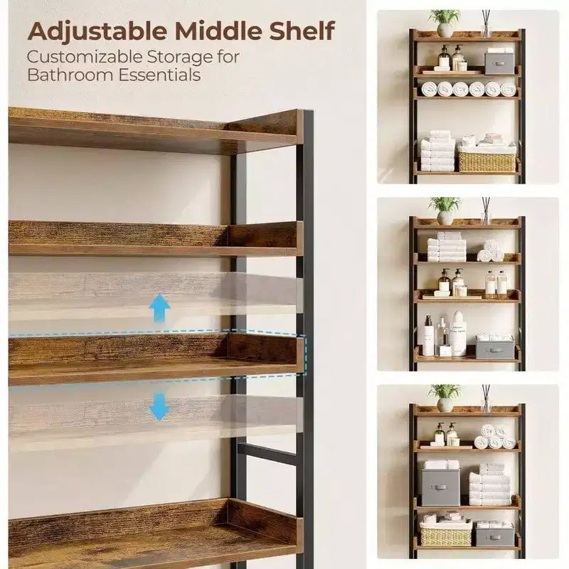 3-Tier Over Toilet Storage Rack with Adjustable Shelves, Rustic Brown Bathroom Organizer