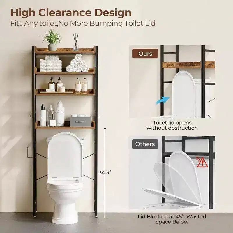 3-Tier Over Toilet Storage Rack with Adjustable Shelves, Rustic Brown Bathroom Organizer