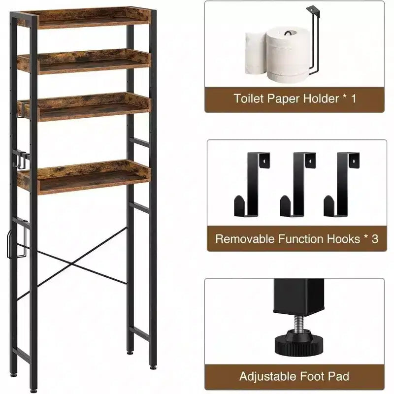 3-Tier Over Toilet Storage Rack with Adjustable Shelves, Rustic Brown Bathroom Organizer