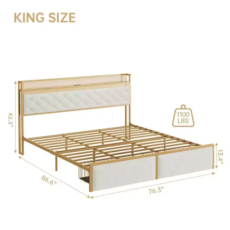 LED Metal Platform Bed Frame with 2 Storage Drawers and Charging Headboard, No Box Spring Needed