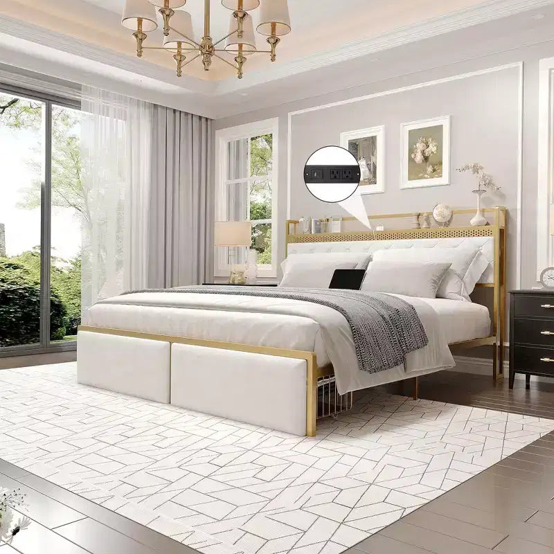 LED Metal Platform Bed Frame with 2 Storage Drawers and Charging Headboard, No Box Spring Needed