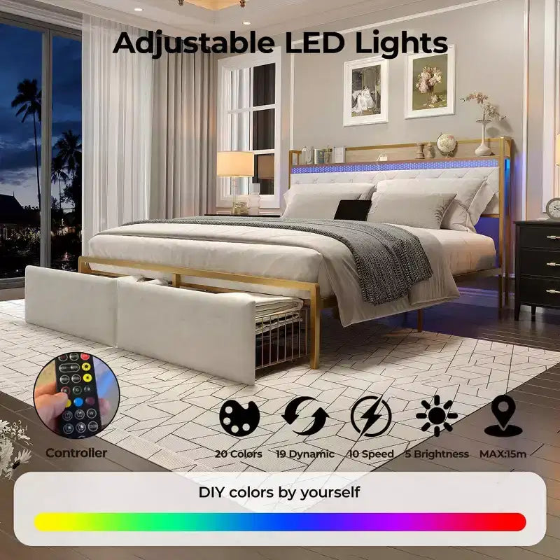 LED Metal Platform Bed Frame with 2 Storage Drawers and Charging Headboard, No Box Spring Needed