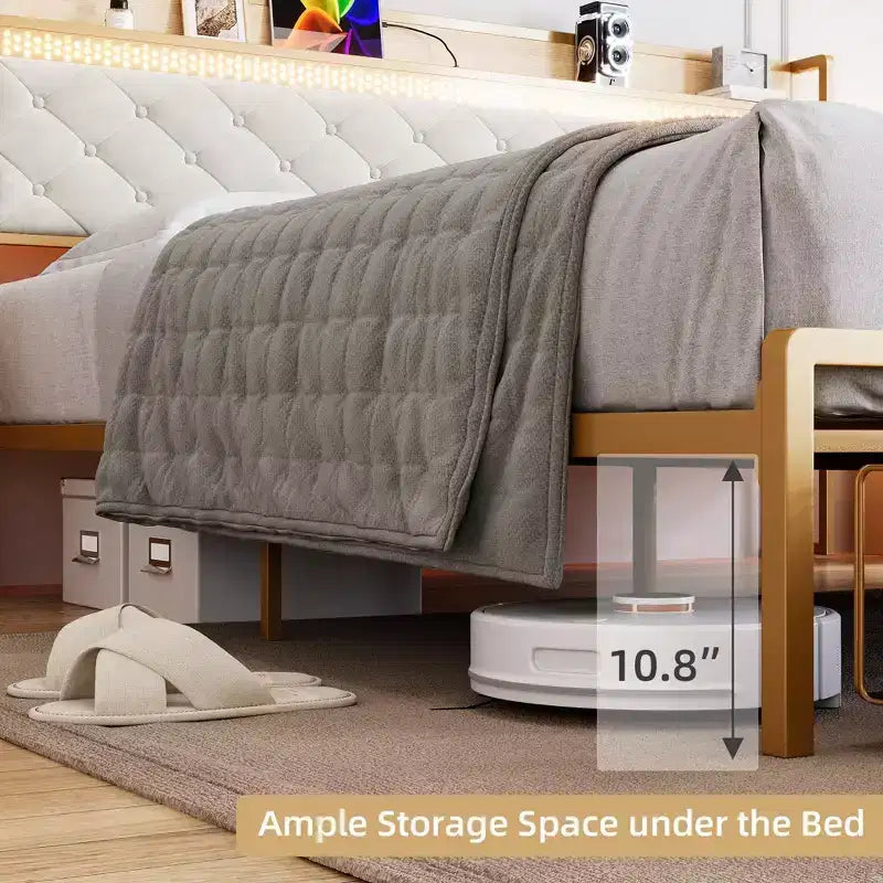LED Metal Platform Bed Frame with 2 Storage Drawers and Charging Headboard, No Box Spring Needed