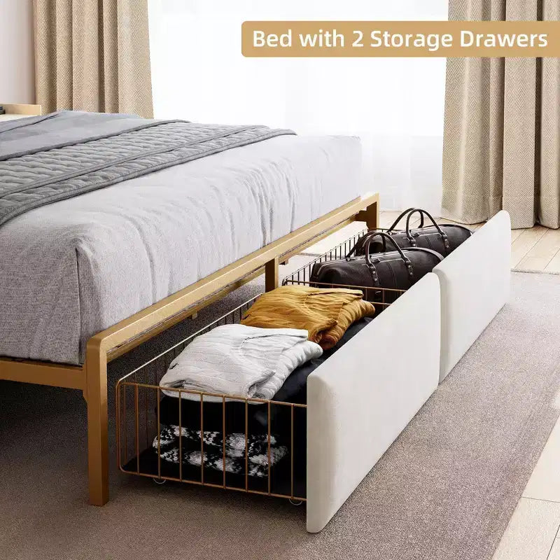 LED Metal Platform Bed Frame with 2 Storage Drawers and Charging Headboard, No Box Spring Needed