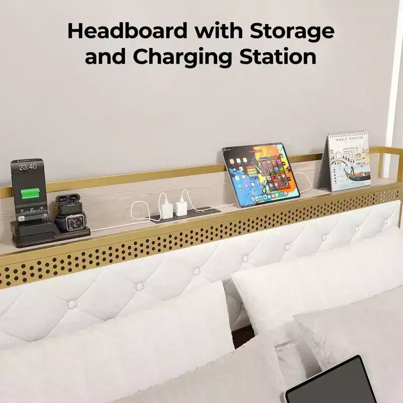 LED Metal Platform Bed Frame with 2 Storage Drawers and Charging Headboard, No Box Spring Needed