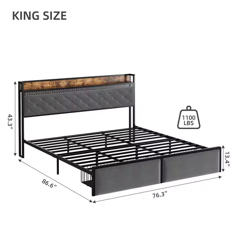 LED Metal Platform Bed Frame with 2 Storage Drawers and Charging Headboard, No Box Spring Needed