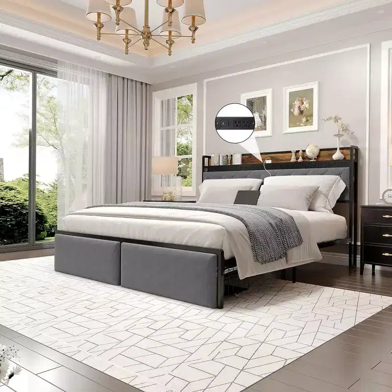 LED Metal Platform Bed Frame with 2 Storage Drawers and Charging Headboard, No Box Spring Needed