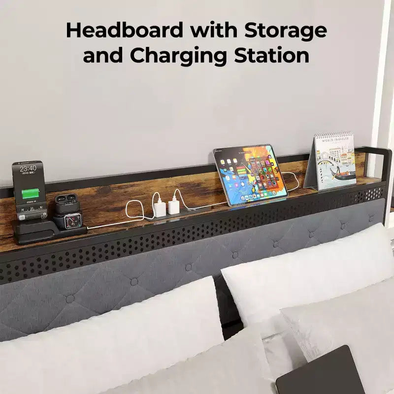 LED Metal Platform Bed Frame with 2 Storage Drawers and Charging Headboard, No Box Spring Needed