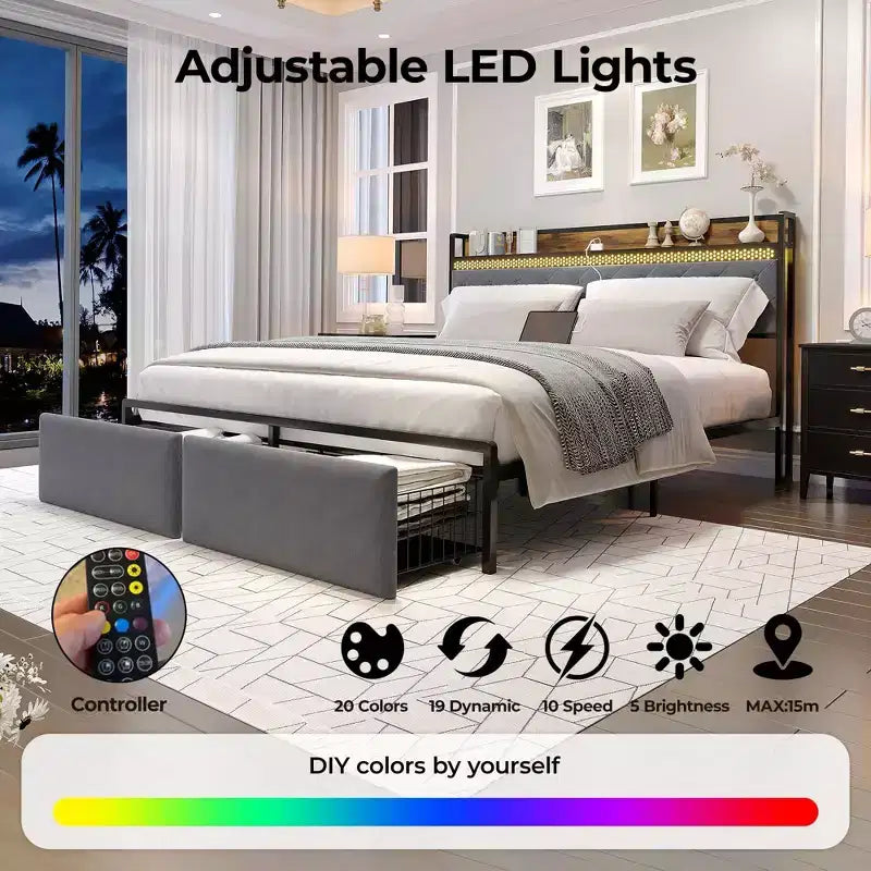 LED Metal Platform Bed Frame with 2 Storage Drawers and Charging Headboard, No Box Spring Needed