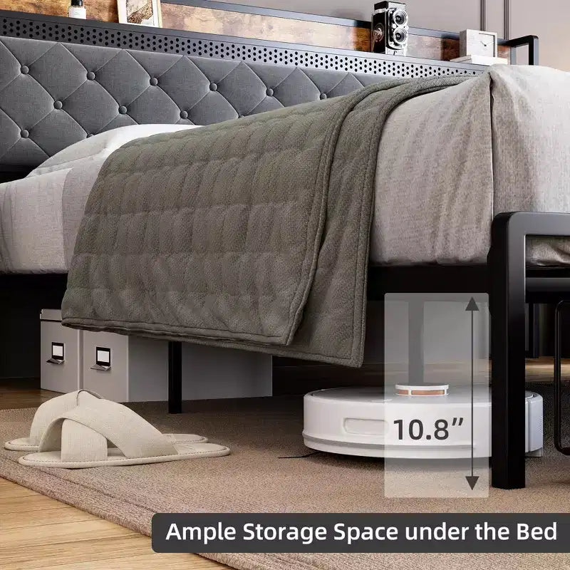 LED Metal Platform Bed Frame with 2 Storage Drawers and Charging Headboard, No Box Spring Needed