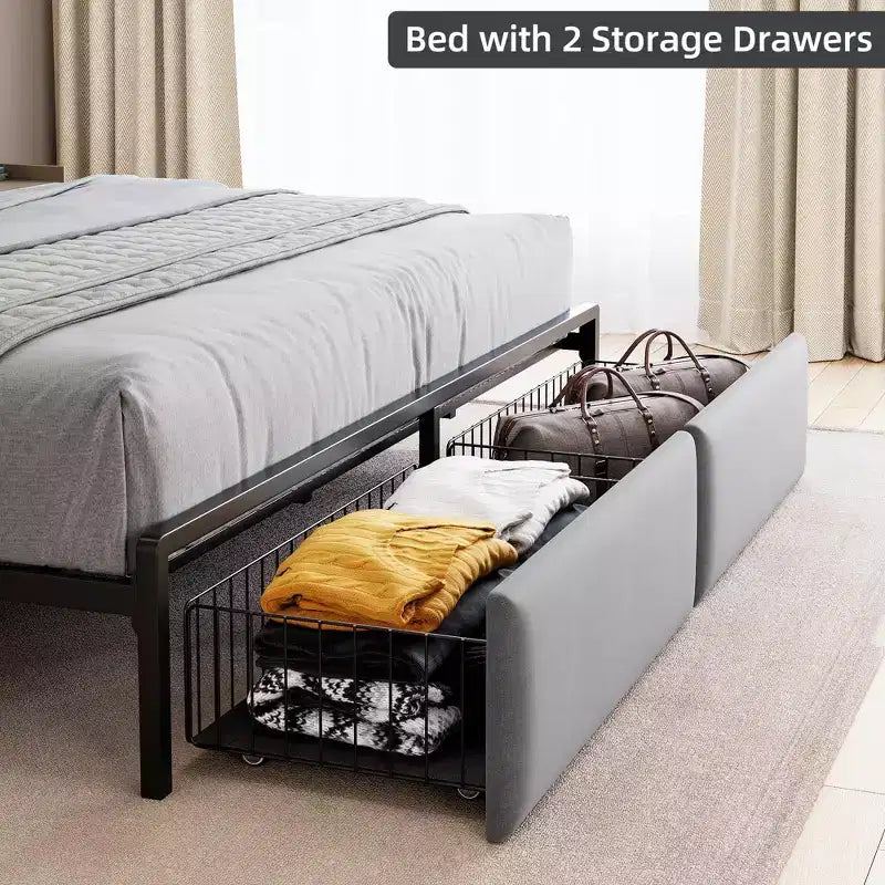 LED Metal Platform Bed Frame with 2 Storage Drawers and Charging Headboard, No Box Spring Needed