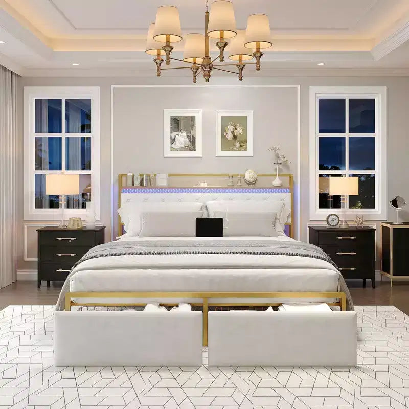 LED Metal Platform Bed Frame with 2 Storage Drawers and Charging Headboard, No Box Spring Needed