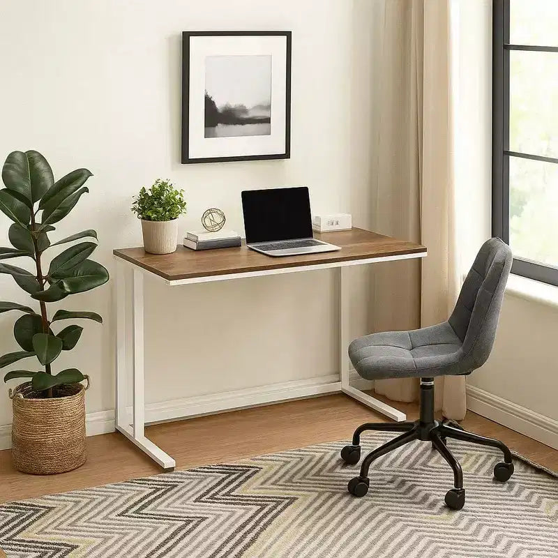 Writing Desk with Wooden Top and Built-in USB Port, Metal Frame, Brown and White