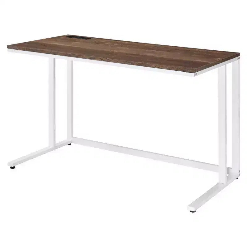 Writing Desk with Wooden Top and Built-in USB Port, Metal Frame, Brown and White