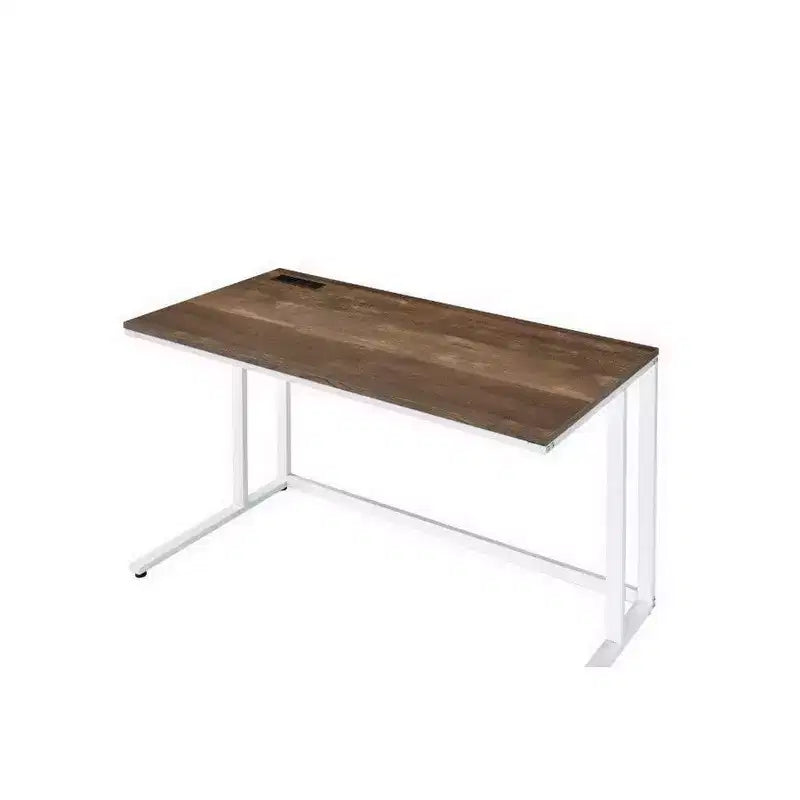 Writing Desk with Wooden Top and Built-in USB Port, Metal Frame, Brown and White