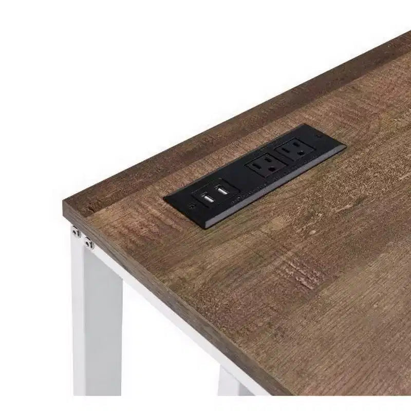 Writing Desk with Wooden Top and Built-in USB Port, Metal Frame, Brown and White