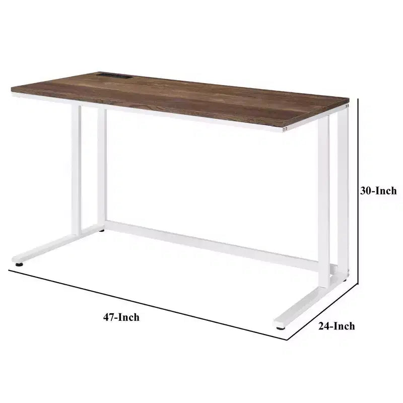 Writing Desk with Wooden Top and Built-in USB Port, Metal Frame, Brown and White