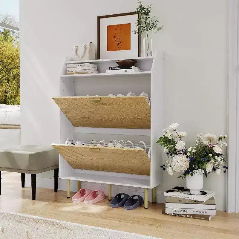 Narrow Shoe Cabinet with Drawers and Top Shelf, Slim Entryway Organizer