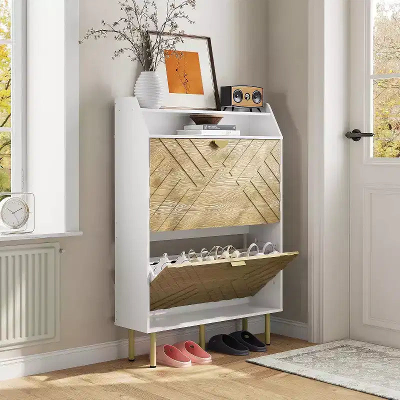 Narrow Shoe Cabinet with Drawers and Top Shelf, Slim Entryway Organizer
