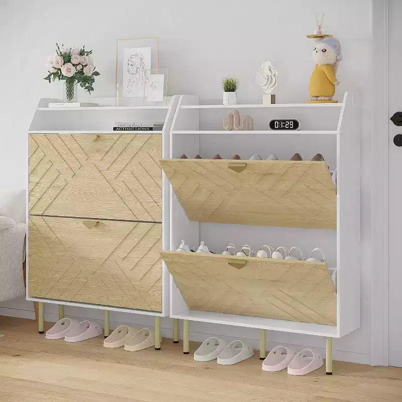 Narrow Shoe Cabinet with Drawers and Top Shelf, Slim Entryway Organizer