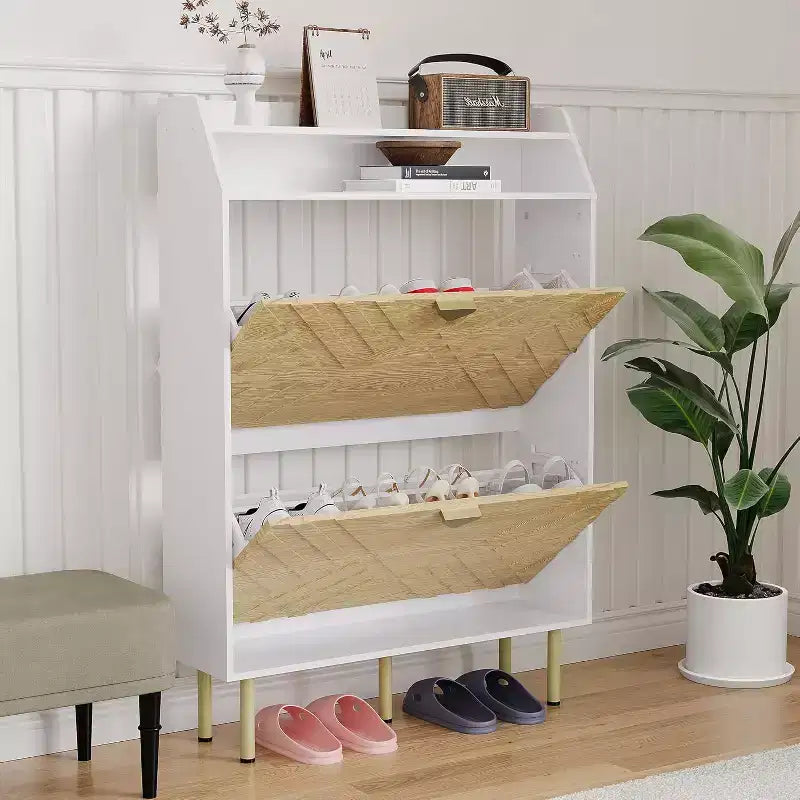 Narrow Shoe Cabinet with Drawers and Top Shelf, Slim Entryway Organizer