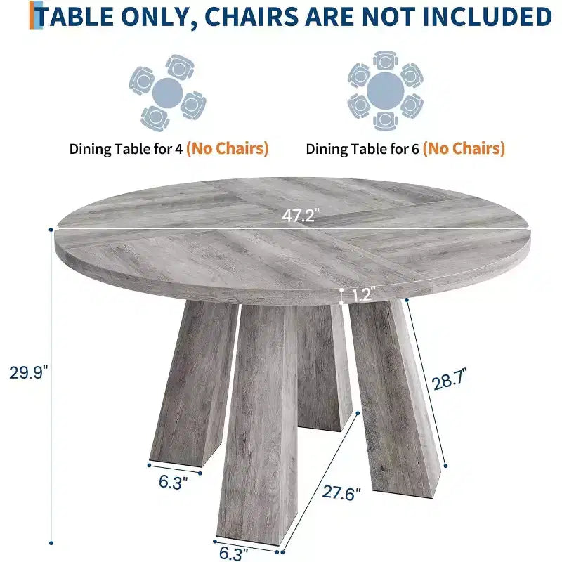 Round Dining Table for 4-6, 47 Wood Kitchen Dinner Table with Sturdy Base Pedestal for Living Room, Apartment