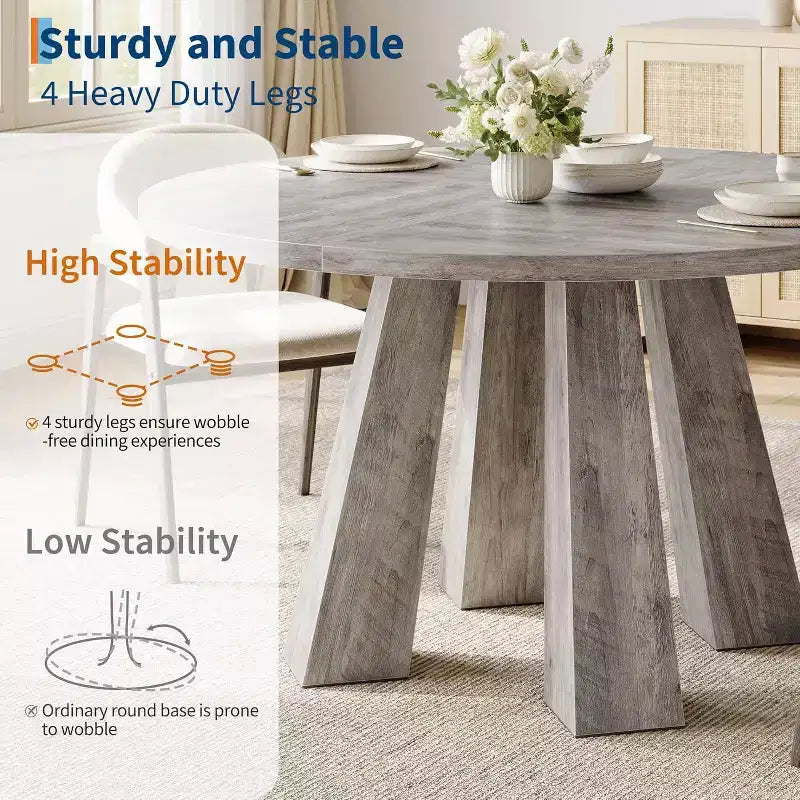 Round Dining Table for 4-6, 47 Wood Kitchen Dinner Table with Sturdy Base Pedestal for Living Room, Apartment